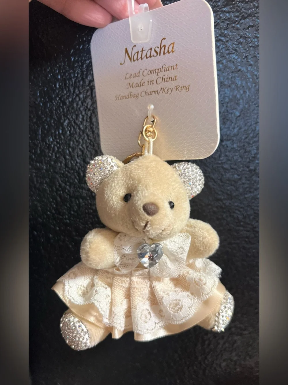 🐻NATASHA plush beige bear WITH lace dress with rhinestone accents.🐻NWT